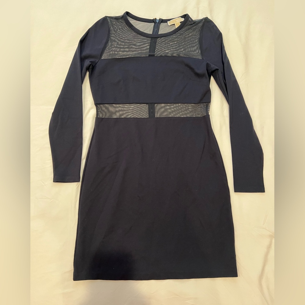 Michael Kors Navy Mini Dress Long Sleeve Mesh Details